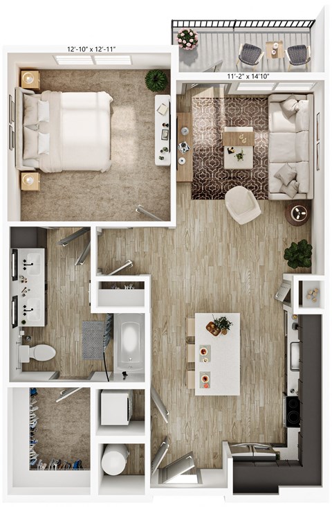 Floor plan for 1 bed, 1 bath, 776 sqft